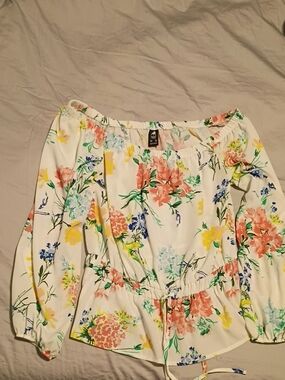 Floral Off-Shoulder Peasant Blouse - White with Pink & Yellow Flowers